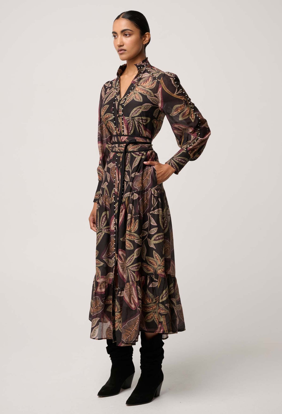 OnceWas Wanderlust Pearl Embellished Maxi Dress in Dark Tropique