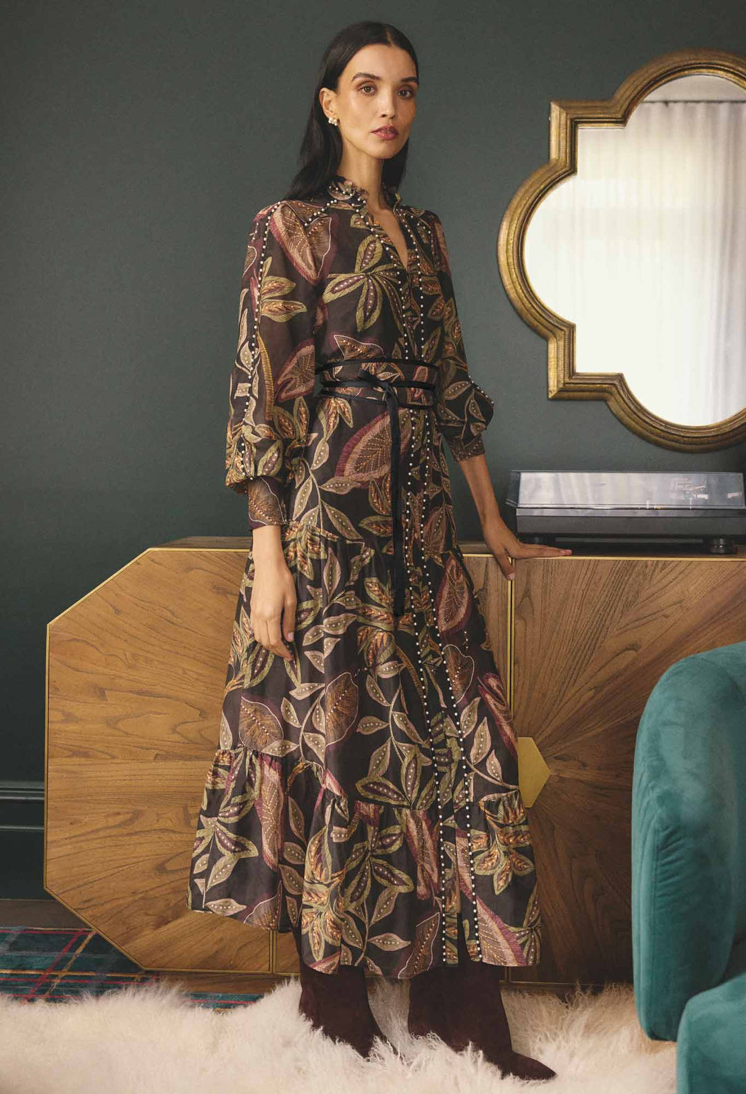 OnceWas Wanderlust Pearl Embellished Maxi Dress in Dark Tropique