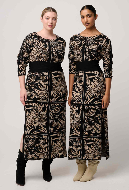 OnceWas Wanderer Merino Wool Blend Floral Knit Dress in Flora Deco