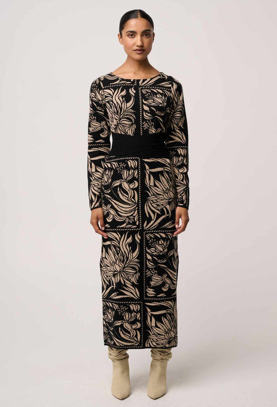OnceWas Wanderer Merino Wool Blend Floral Knit Dress in Flora Deco