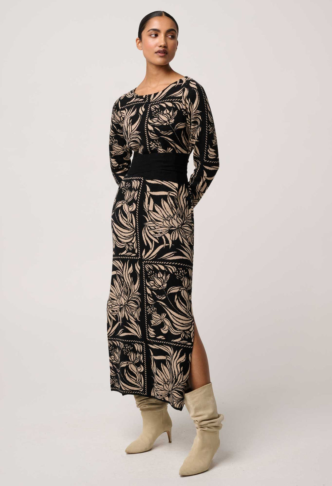 OnceWas Wanderer Merino Wool Blend Floral Knit Dress in Flora Deco