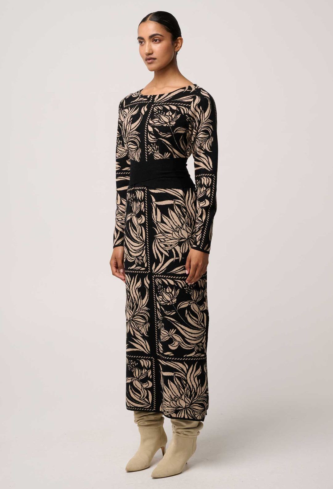 OnceWas Wanderer Merino Wool Blend Floral Knit Dress in Flora Deco