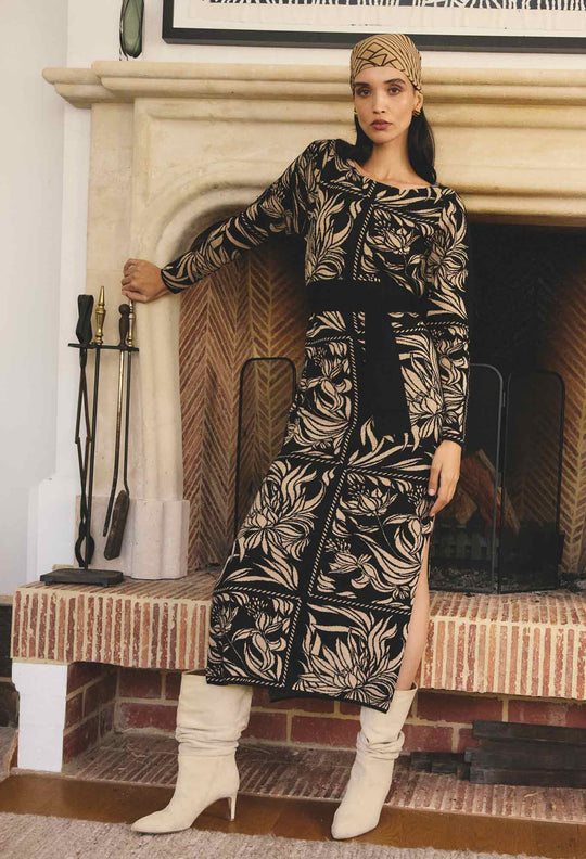 OnceWas Wanderer Merino Wool Blend Floral Knit Dress in Flora Deco