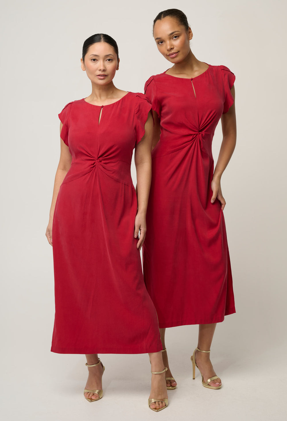 UNDER 5'4 Geneva Stretch Cupro Viscose Column Midi Dress in Dahlia Red