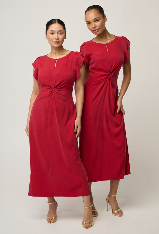 UNDER 5'4 Geneva Stretch Cupro Viscose Column Midi Dress in Dahlia Red