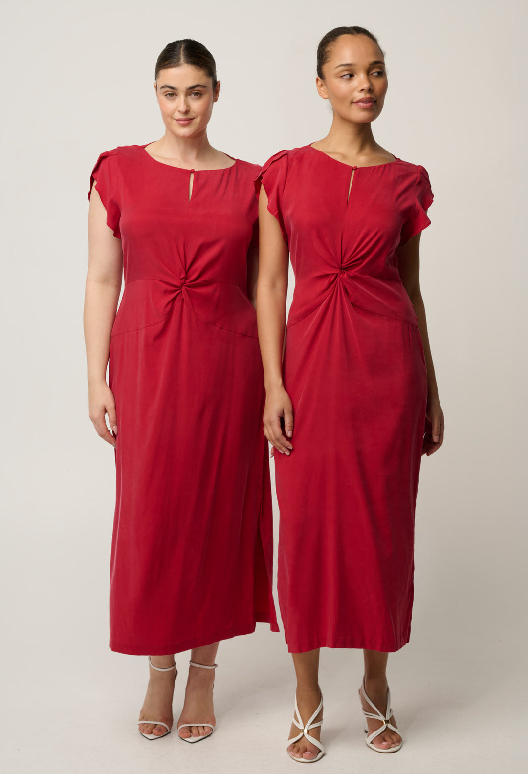 Geneva Stretch Cupro Viscose Twist Column Midi Dress in Dahlia Red