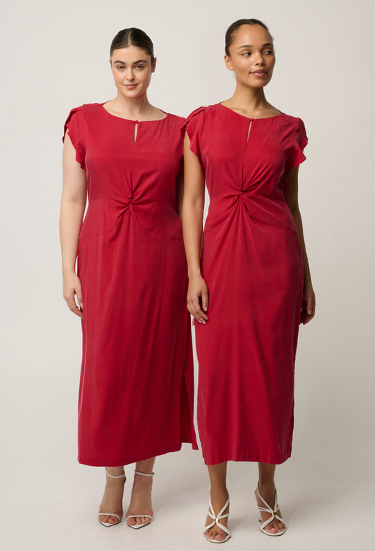 Geneva Stretch Cupro Viscose Twist Column Midi Dress in Dahlia Red