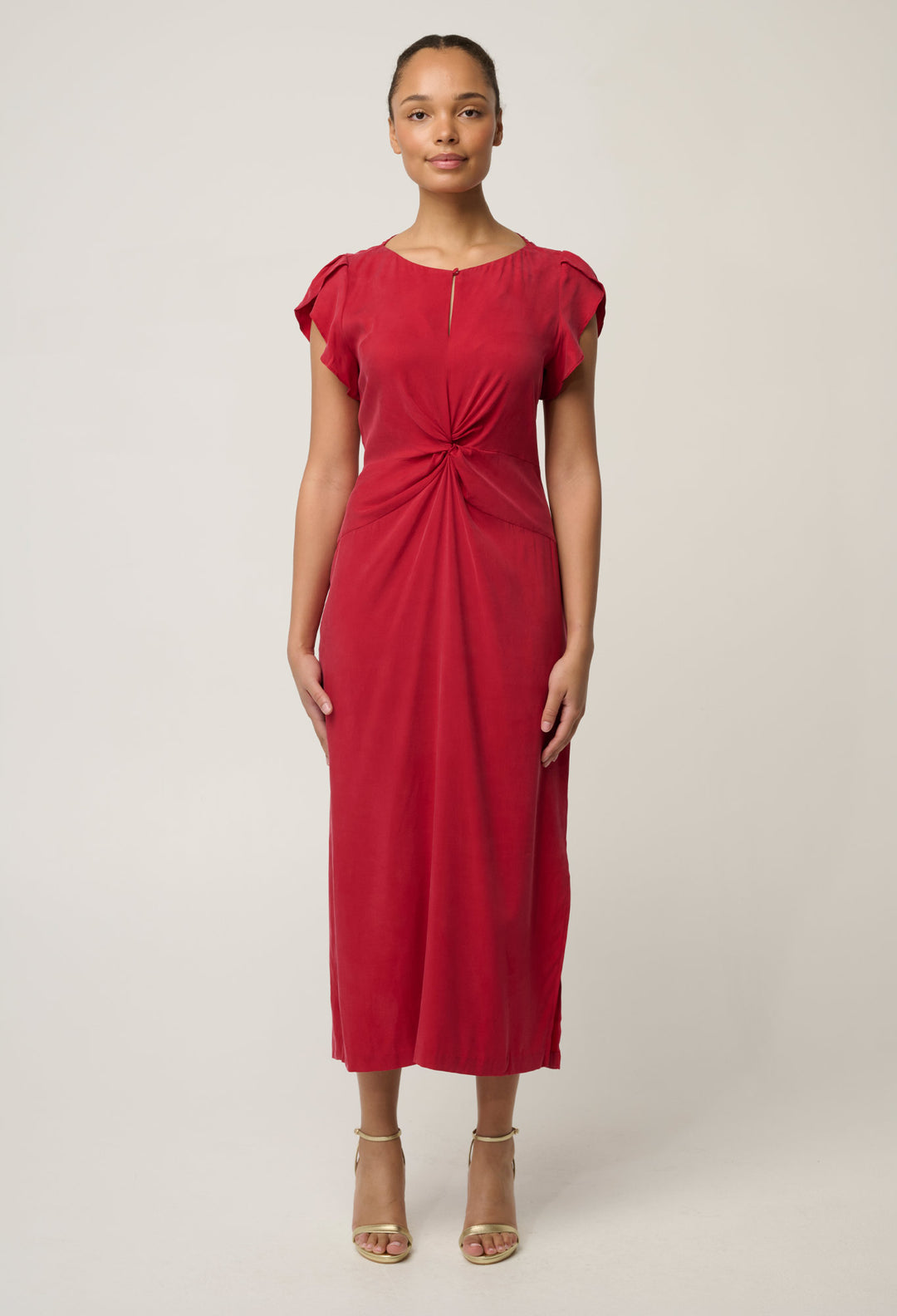 Geneva Stretch Cupro Viscose Twist Column Midi Dress in Dahlia Red