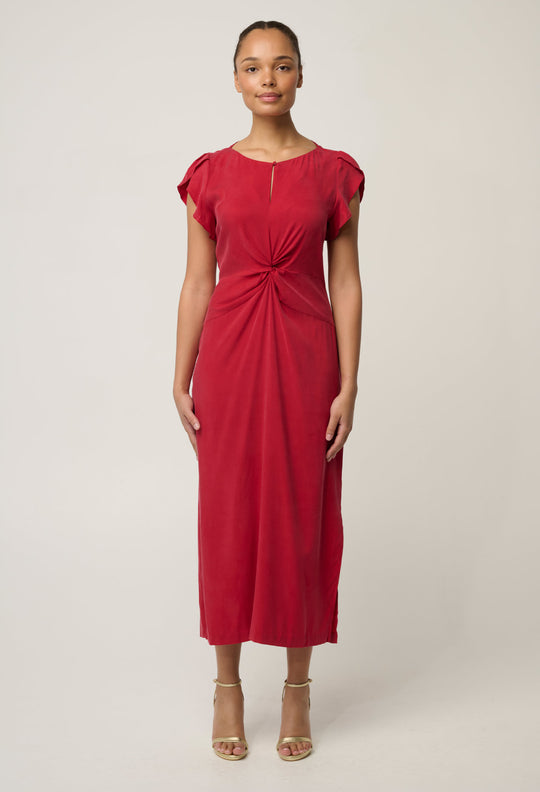 Geneva Stretch Cupro Viscose Twist Column Midi Dress in Dahlia Red