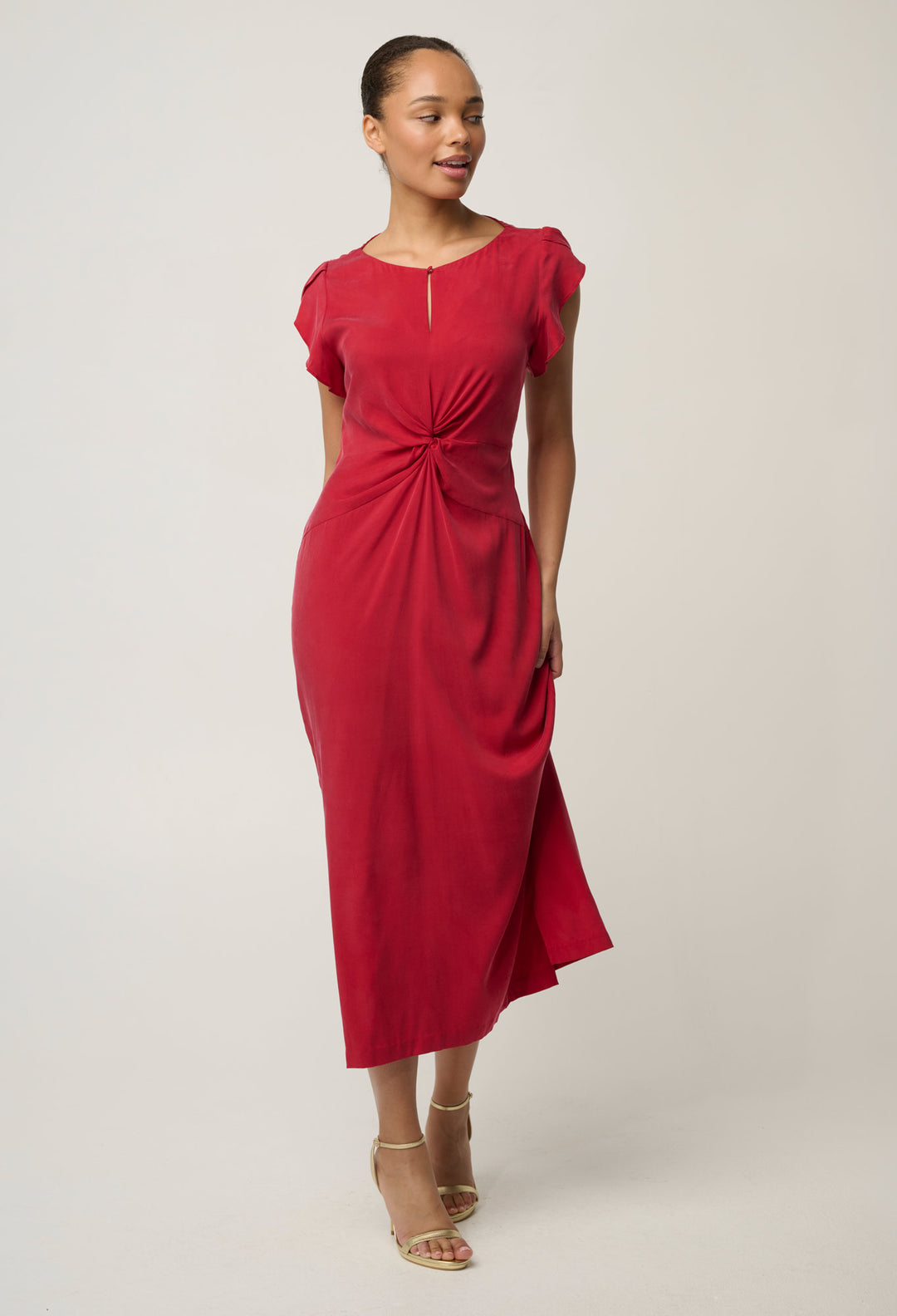 Geneva Stretch Cupro Viscose Twist Column Midi Dress in Dahlia Red