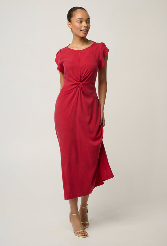 Geneva Stretch Cupro Viscose Twist Column Midi Dress in Dahlia Red