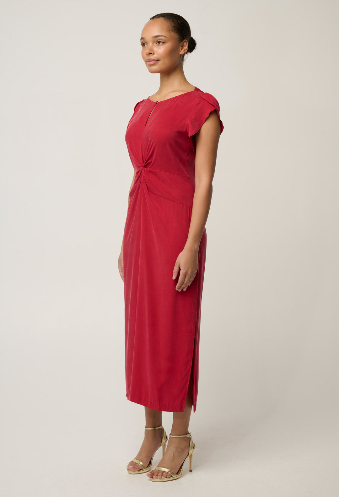 Geneva Stretch Cupro Viscose Twist Column Midi Dress in Dahlia Red