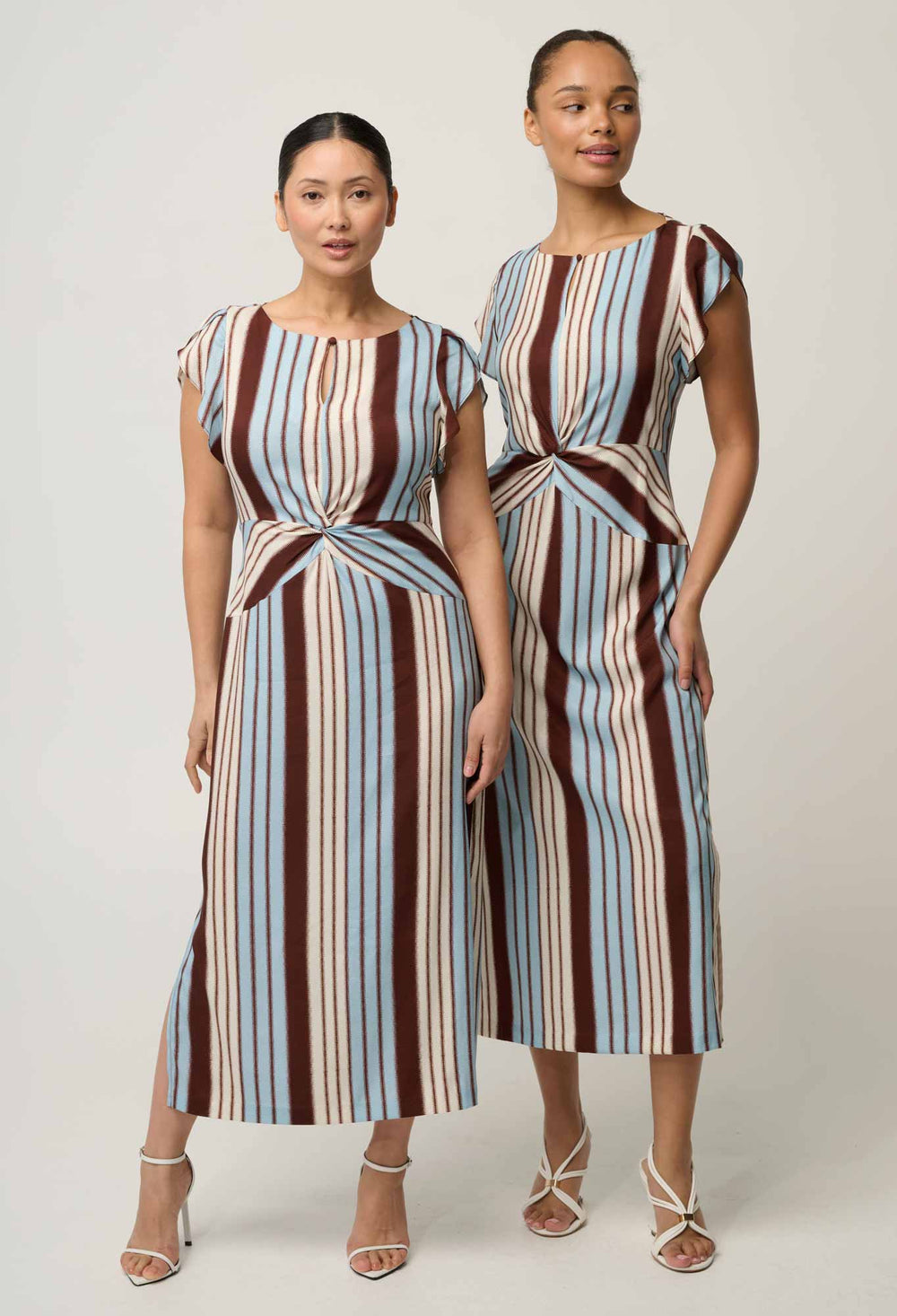 UNDER 5'4 Geneva Stretch Cupro Viscose Column Midi Dress in Iridescent Stripe