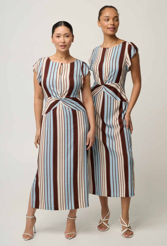 UNDER 5'4 Geneva Stretch Cupro Viscose Column Midi Dress in Iridescent Stripe