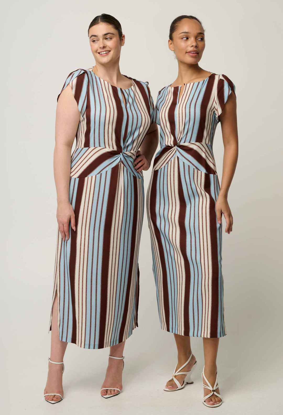 Geneva Stretch Cupro Detail Column Midi Dress in Iridescent Stripe
