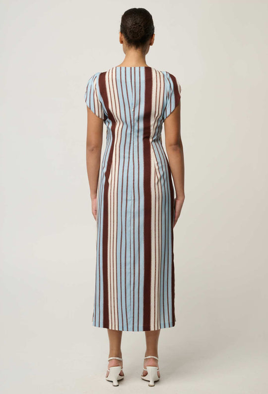 Geneva Stretch Cupro Detail Column Midi Dress in Iridescent Stripe