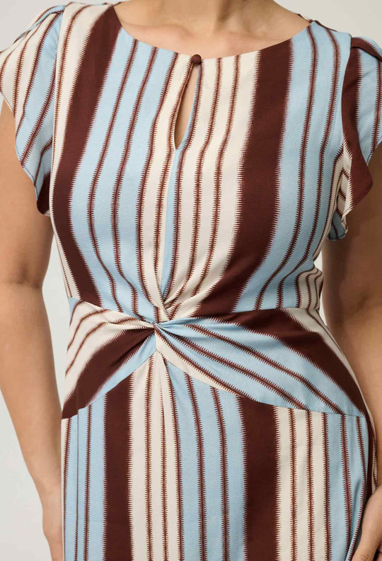 Geneva Stretch Cupro Detail Column Midi Dress in Iridescent Stripe