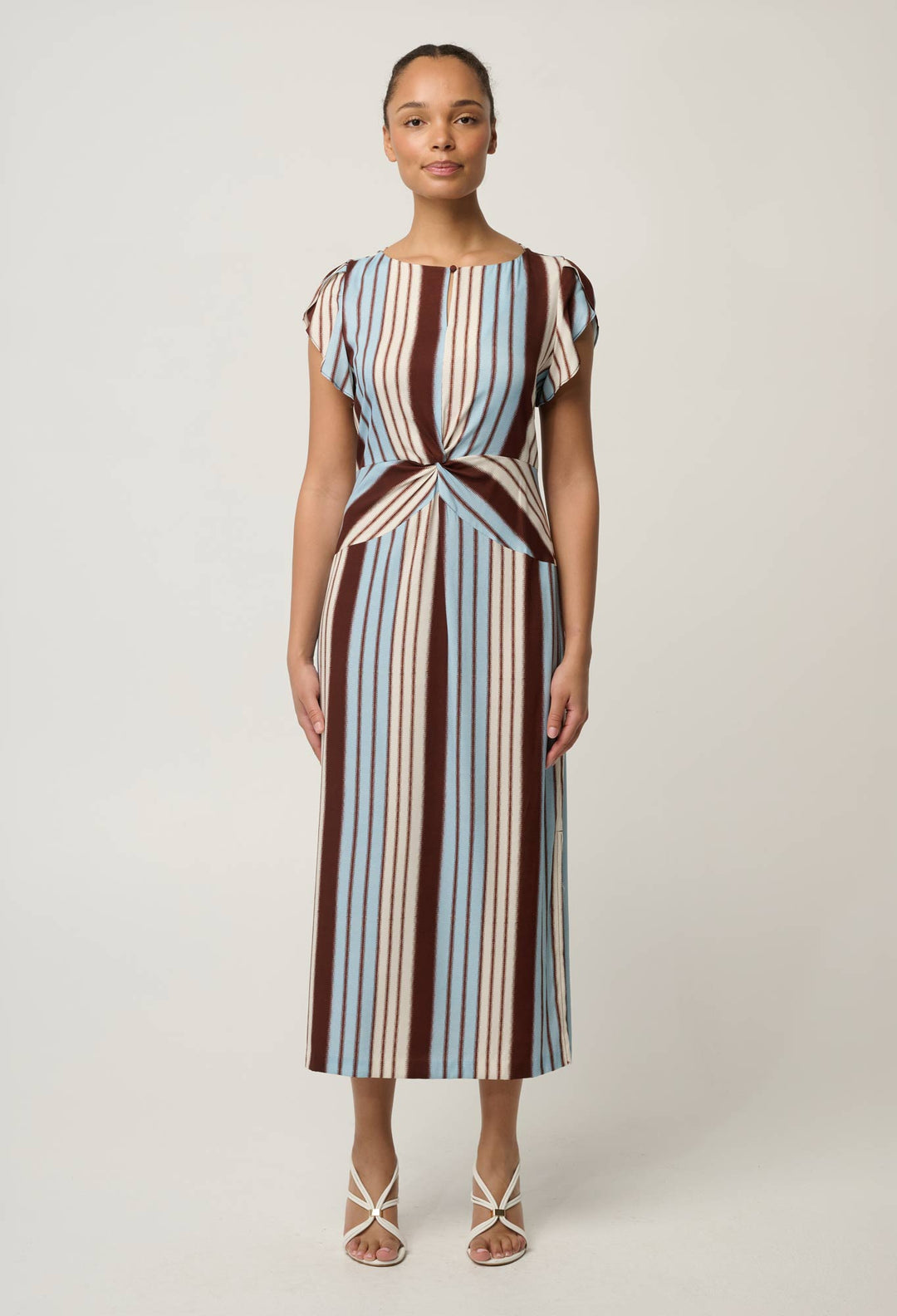 Geneva Stretch Cupro Detail Column Midi Dress in Iridescent Stripe