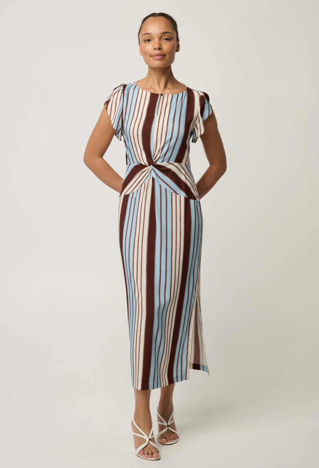 Geneva Stretch Cupro Detail Column Midi Dress in Iridescent Stripe