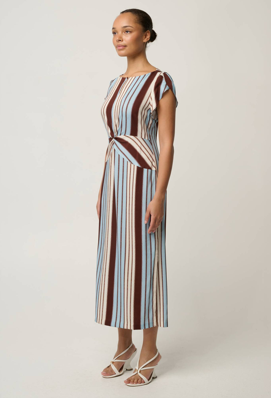Geneva Stretch Cupro Detail Column Midi Dress in Iridescent Stripe