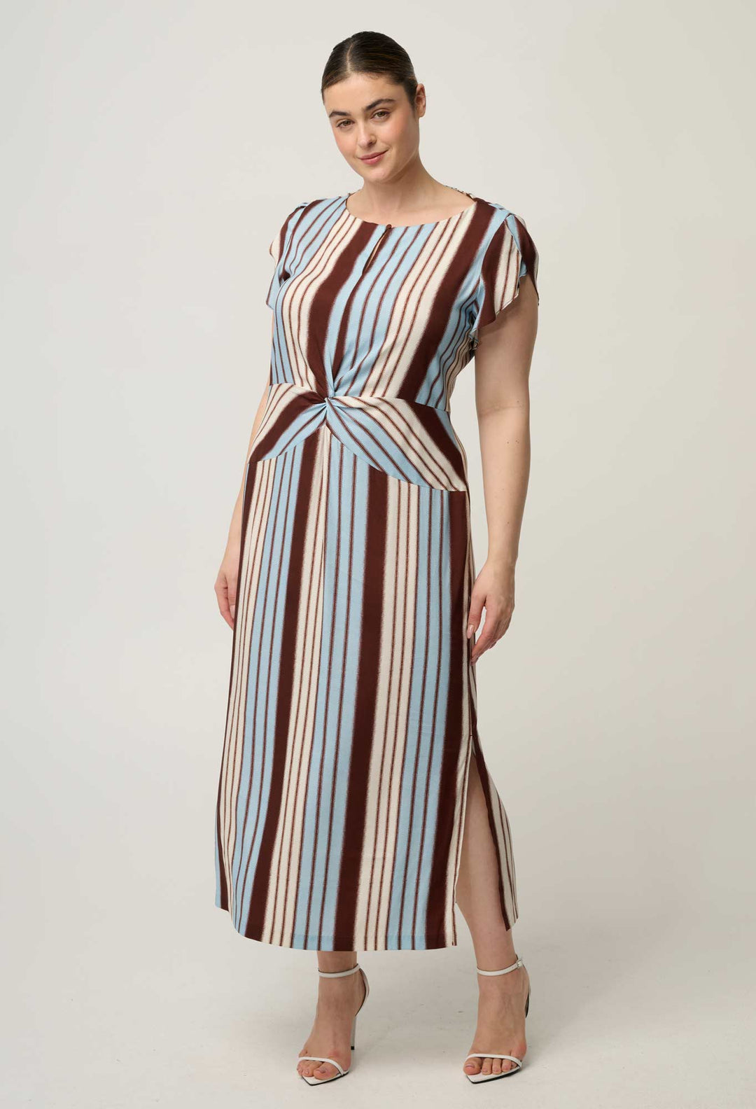 Geneva Stretch Cupro Detail Column Midi Dress in Iridescent Stripe
