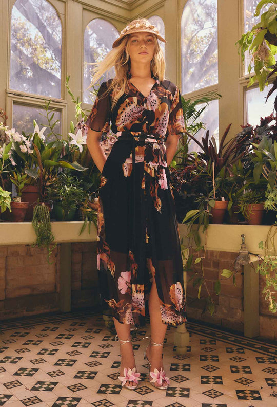 Ceres Sheer Viscose Chiffon Dress in Sunset Orchid