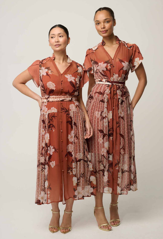 OnceWas UNDER 5'4 Perla Sheer Viscose Print Dress in Amber Vine