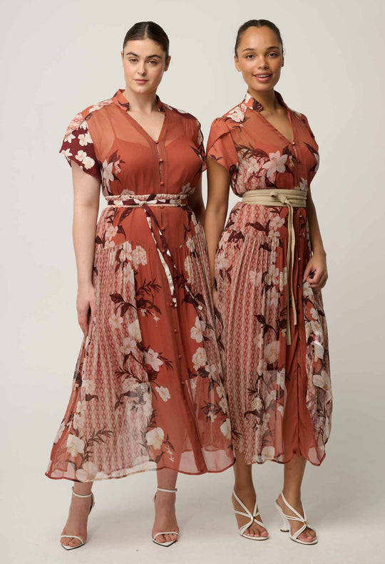 OnceWas Perla Sheer Viscose Print Dress in Amber Vine