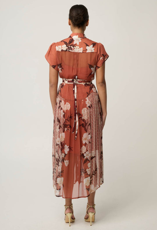 OnceWas Perla Sheer Viscose Print Dress in Amber Vine