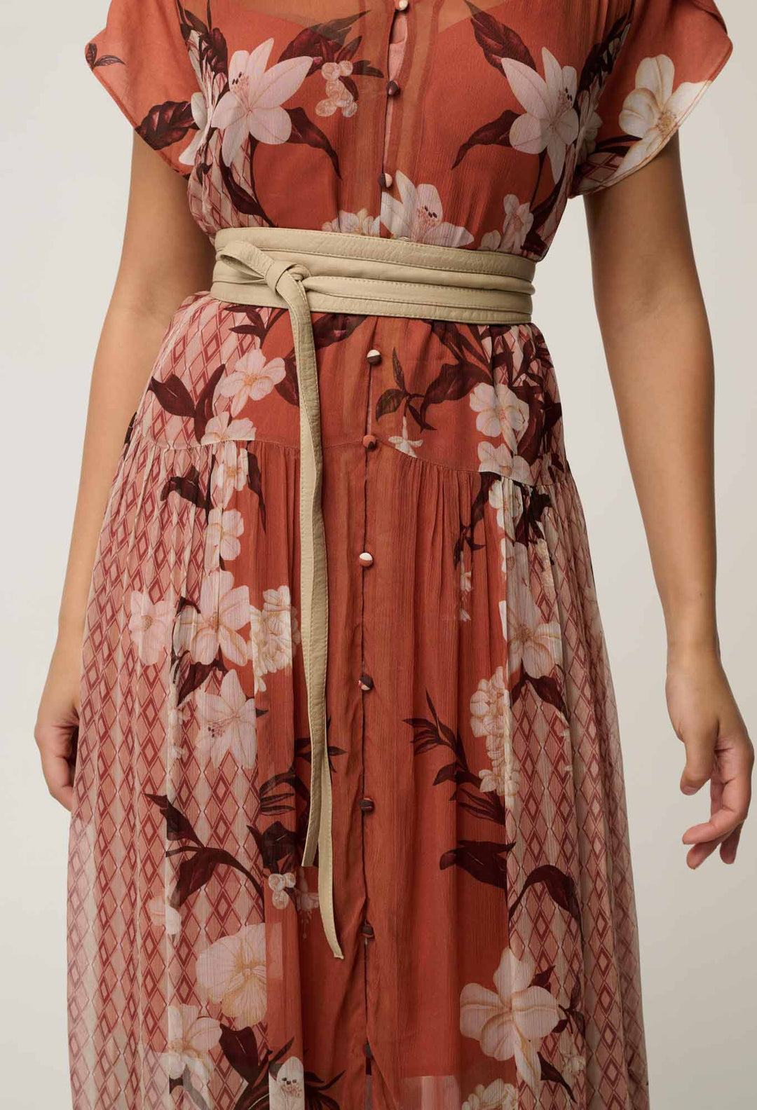 OnceWas Perla Sheer Viscose Print Dress in Amber Vine