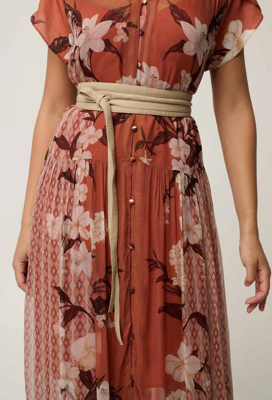 OnceWas Perla Sheer Viscose Print Dress in Amber Vine