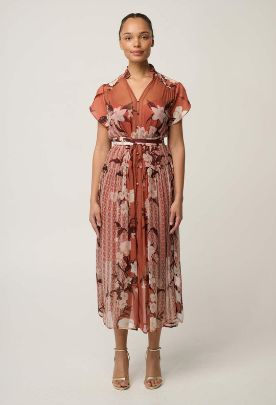 OnceWas Perla Sheer Viscose Print Dress in Amber Vine