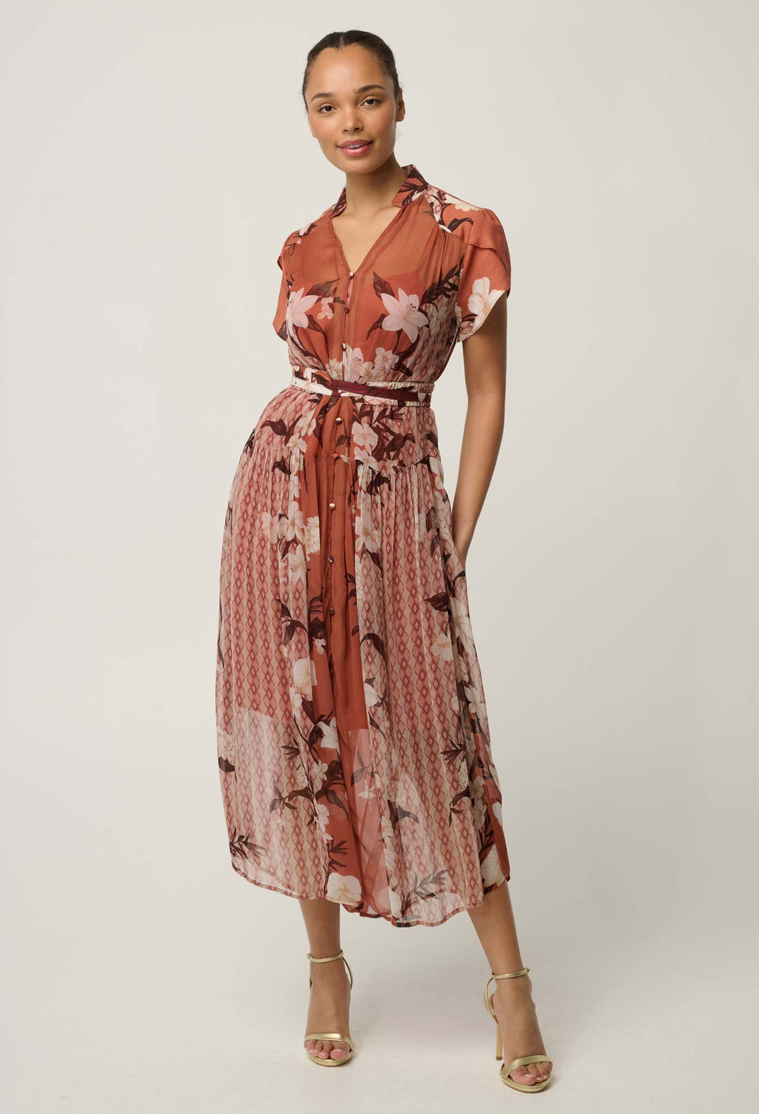 OnceWas Perla Sheer Viscose Print Dress in Amber Vine