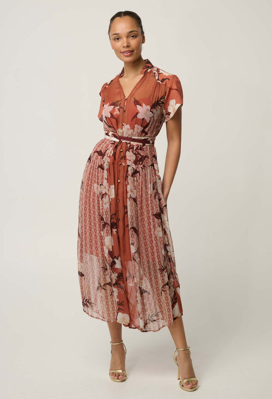 OnceWas Perla Sheer Viscose Print Dress in Amber Vine