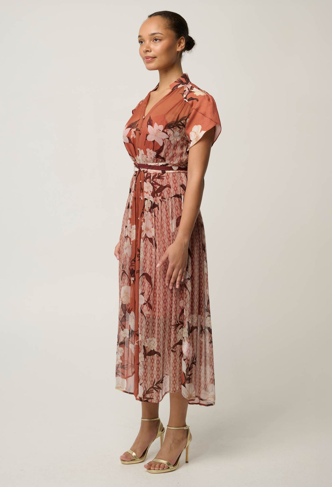 OnceWas Perla Sheer Viscose Print Dress in Amber Vine