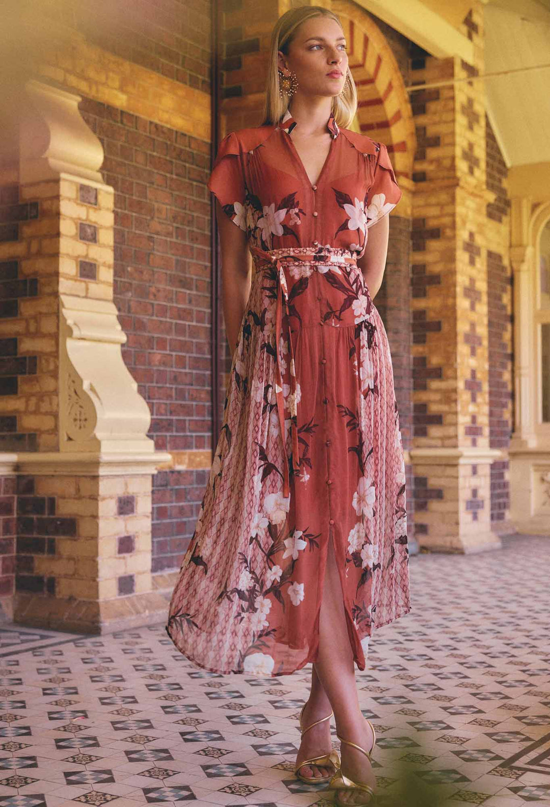 OnceWas Perla Sheer Viscose Print Dress in Amber Vine