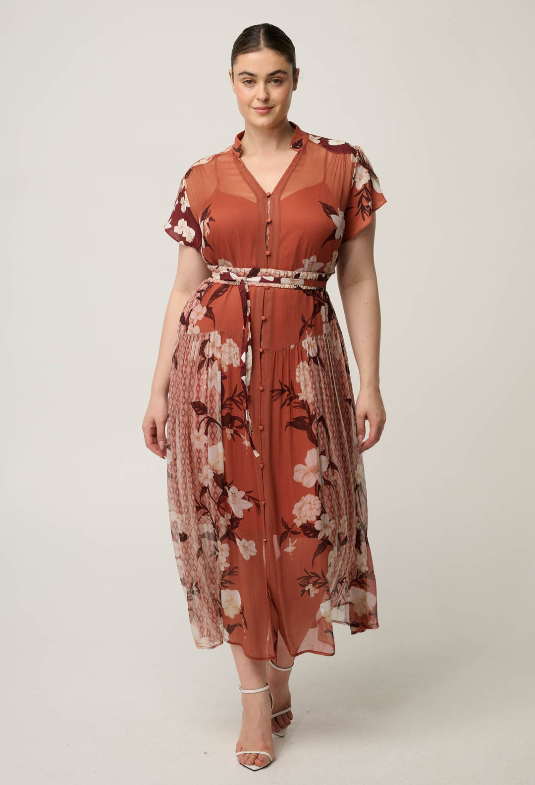 OnceWas Perla Sheer Viscose Print Dress in Amber Vine