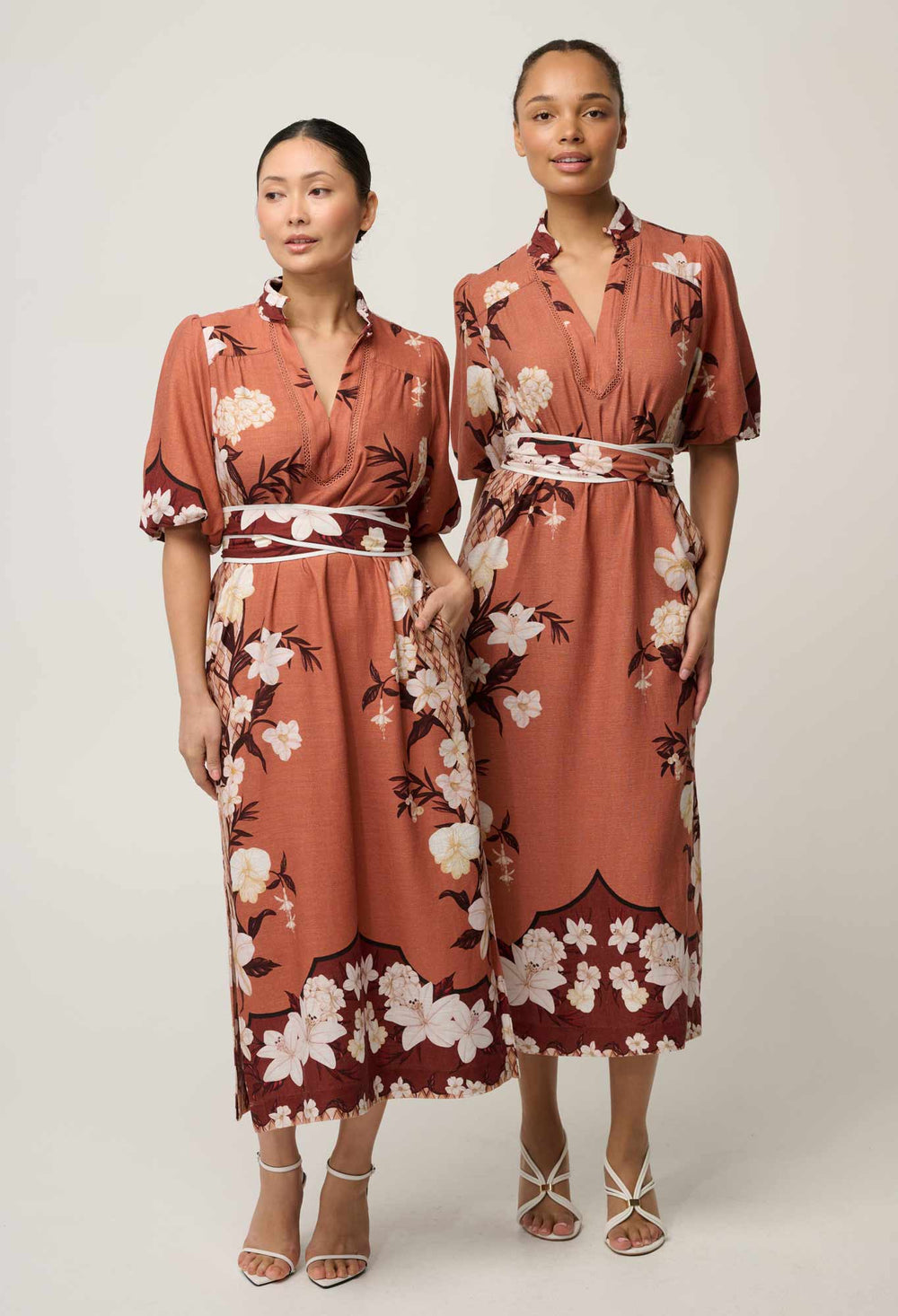 OnceWas UNDER 5'4 Gisela Linen Viscose Column Midi Dress in Amber Vine
