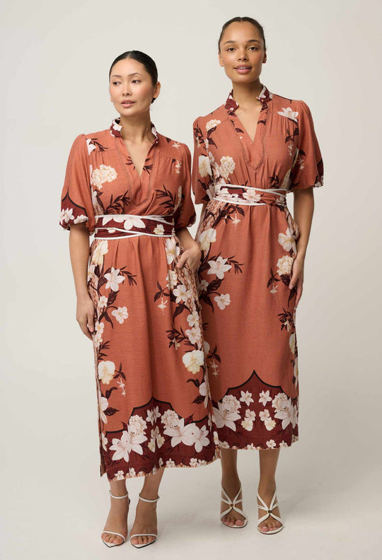 OnceWas UNDER 5'4 Gisela Linen Viscose Column Midi Dress in Amber Vine