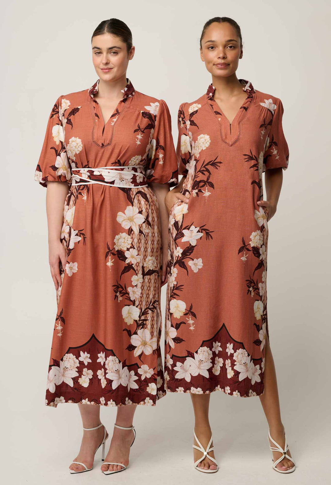 OnceWas Gisela Linen Viscose Printed Column Midi Dress in Amber Vine