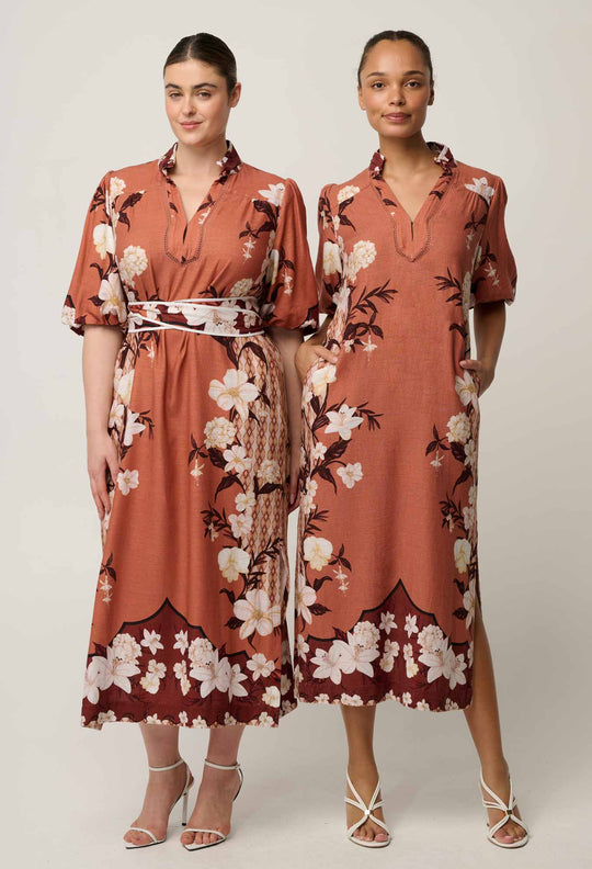 OnceWas Gisela Linen Viscose Printed Column Midi Dress in Amber Vine