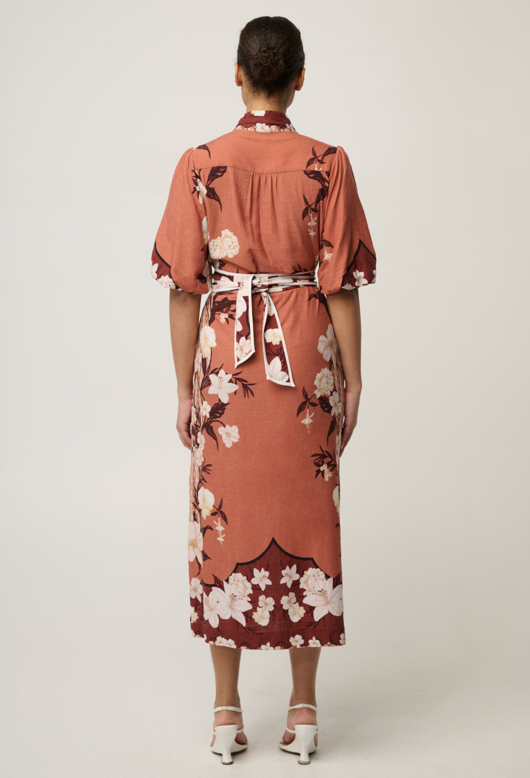 OnceWas Gisela Linen Viscose Printed Column Midi Dress in Amber Vine