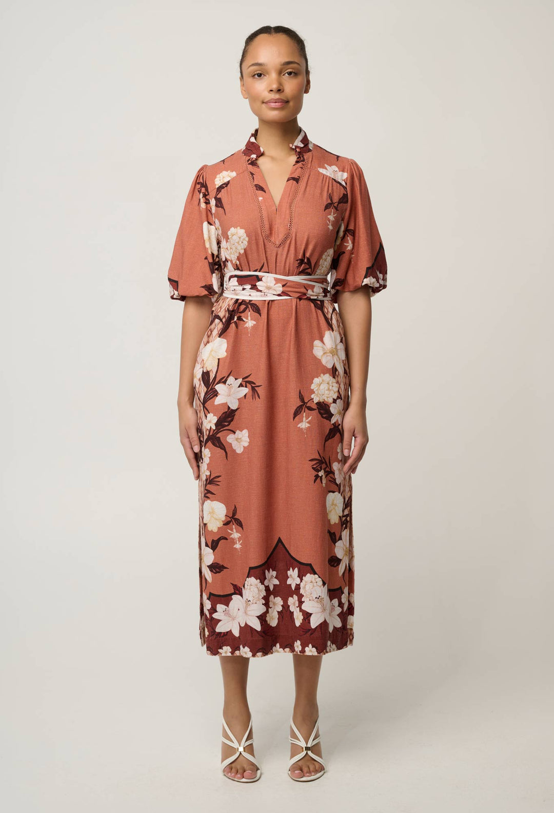 OnceWas Gisela Linen Viscose Printed Column Midi Dress in Amber Vine