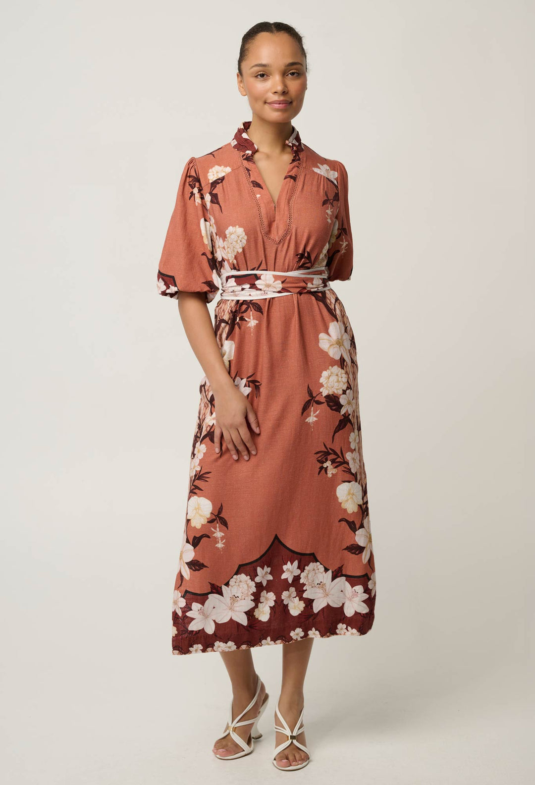 OnceWas Gisela Linen Viscose Printed Column Midi Dress in Amber Vine