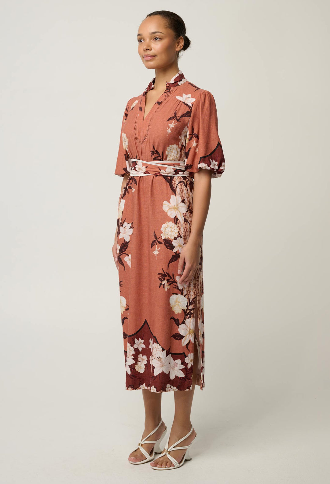 OnceWas Gisela Linen Viscose Printed Column Midi Dress in Amber Vine