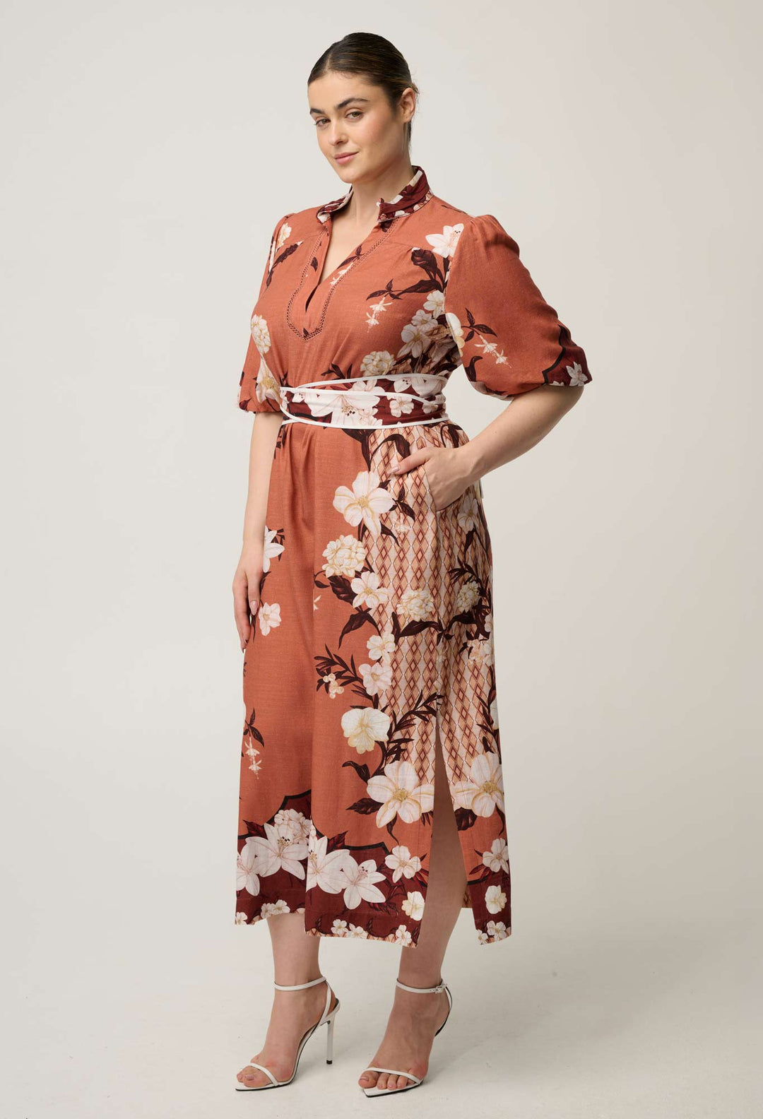 OnceWas Gisela Linen Viscose Printed Column Midi Dress in Amber Vine