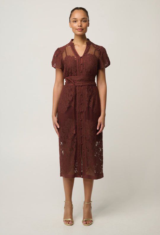 OnceWas Solene Cotton Blend Placement Lace Dress in Rosewood