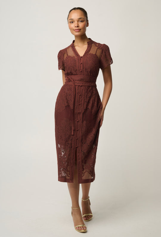 OnceWas Solene Cotton Blend Placement Lace Dress in Rosewood