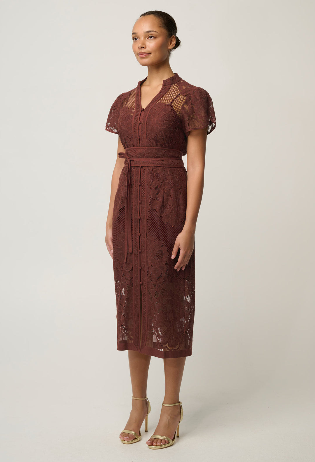 OnceWas Solene Cotton Blend Placement Lace Dress in Rosewood