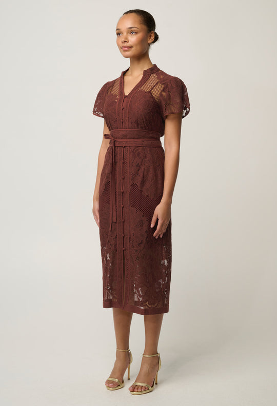 OnceWas Solene Cotton Blend Placement Lace Dress in Rosewood